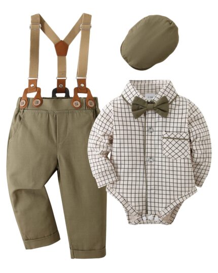 Amissz Baby Jungen Anzug Bekleidungssets, 0-18 Monate 4tlg Hochzeit Festliche Taufanzug Strampler mit Fliege+ Langarm Hemd + Hosenträger Hosen