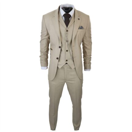 TruClothing.com Herren 3 Teilig Anzug Prinz von Wales Karo Creme Beige Vintage Hochzeit