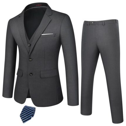 KUDORO Herren Anzüge 3-teilig Slim Fit Einreihig Zwei Knöpfe für Hochzeit Business Herren 3-Stücke Formell Sakko Weste Hose mit Krawatte