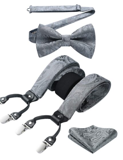 HISDERN Hosenträger Herren 3,5 cm mit 6 Extra Stark Clips in Y-Form Elastisch Längenverstellbar 130 cm Fliege und Hosenträger 3er Set für Männer Einheitsgröße Grau Paisley