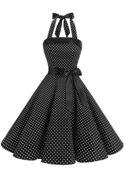 Damen Vintage Cocktailkleid Knielang Neckholder Swing Retro Rockabilly Kleid B-klein Schwarz Weiß XS